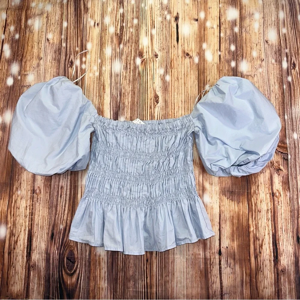 Astr Light Blue Smocked Puff Sleeve Blouse Size Medium